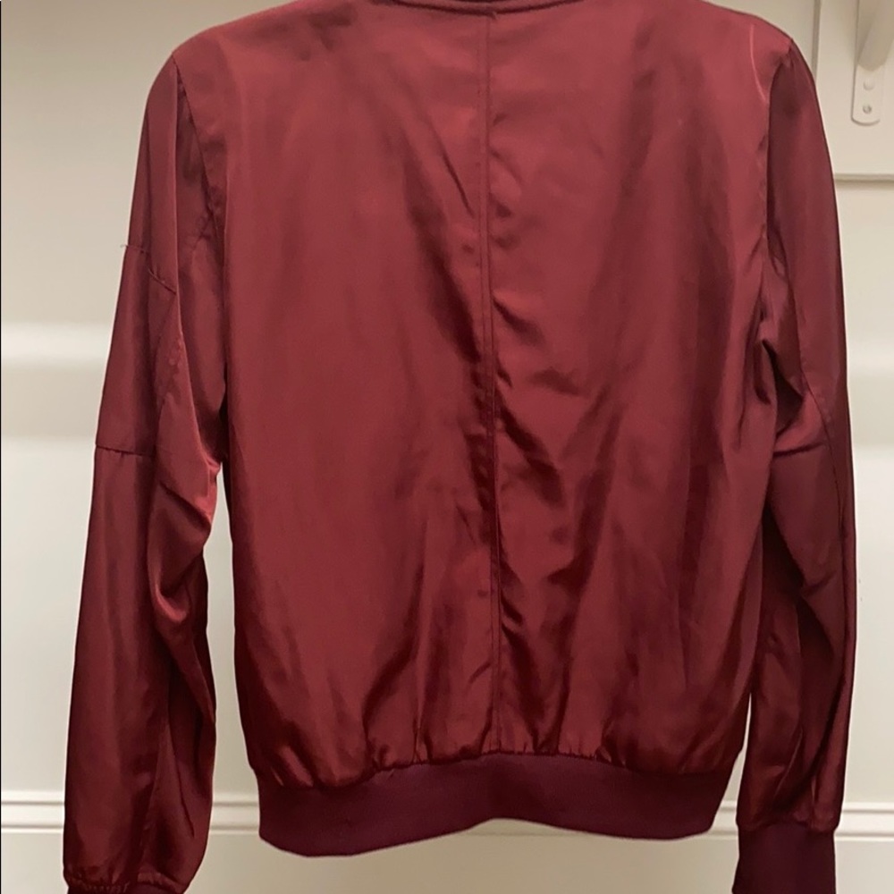 Francesca’s Blue Rain Maroon Silk Bomber Jacket
